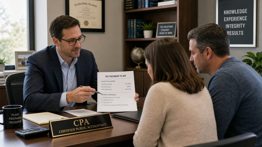 CPA reviewing IRS payment plan with clients